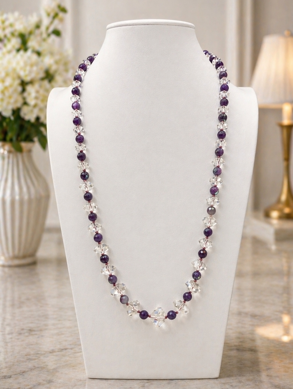 Rock Crystal Purple Ruby Gemstone hand knotted 24 inch necklace